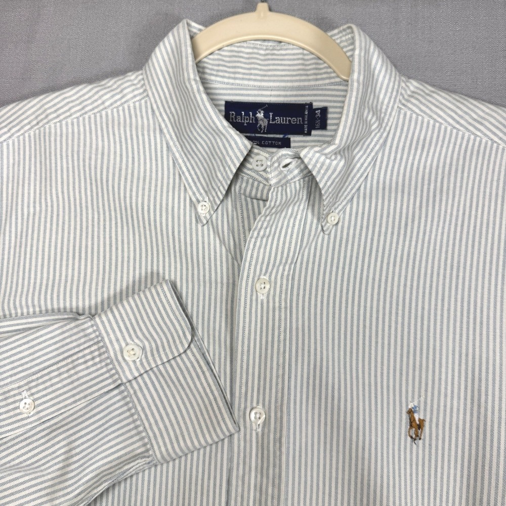 Ralph Lauren Button Down Shirt Mens 16.5 Blue Striped Yarmouth Cotton LS